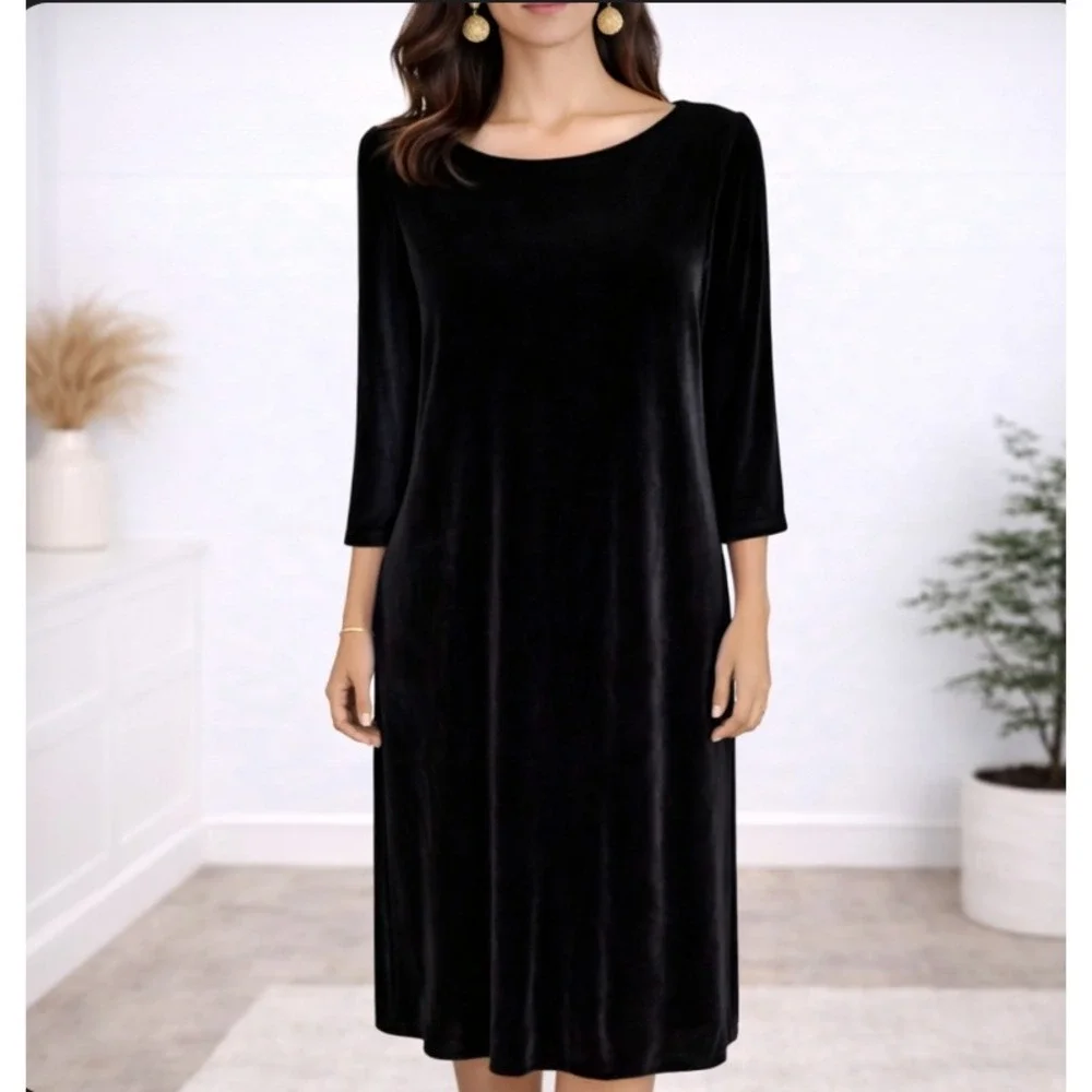 Eileen Fisher Velvet Midi Dress Women S Black Silk Blend 3/4 Sleeve Capsule‎